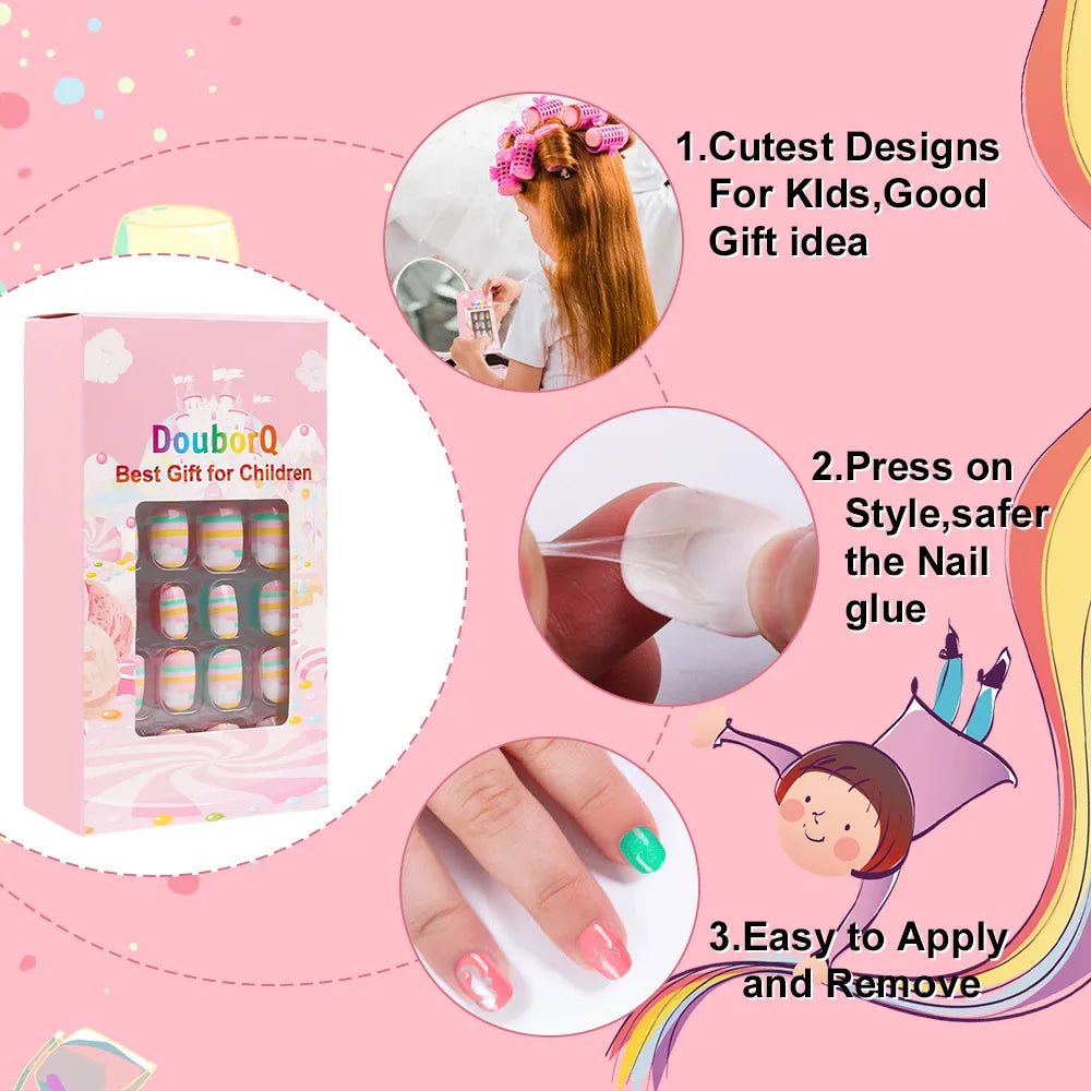 120Pcs Child Nails Kids False Nails Girls Cartoon Press on Fake Nails Colorful Full Cover Nails Cute Short Nail Tips Kits