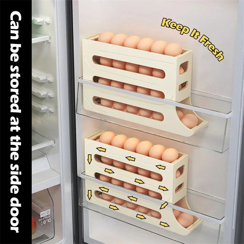 4 Layers Automatic Rolling Egg Holder Rack, Fridge Organizer