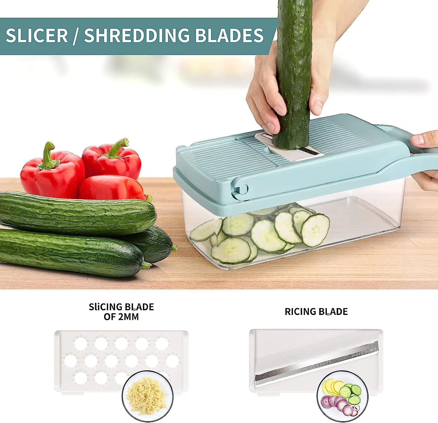 Veggie Chopper with Container, Premium Stainless Steel Vegetable Chopper, 7 Blade Options for Efficient Slicing,