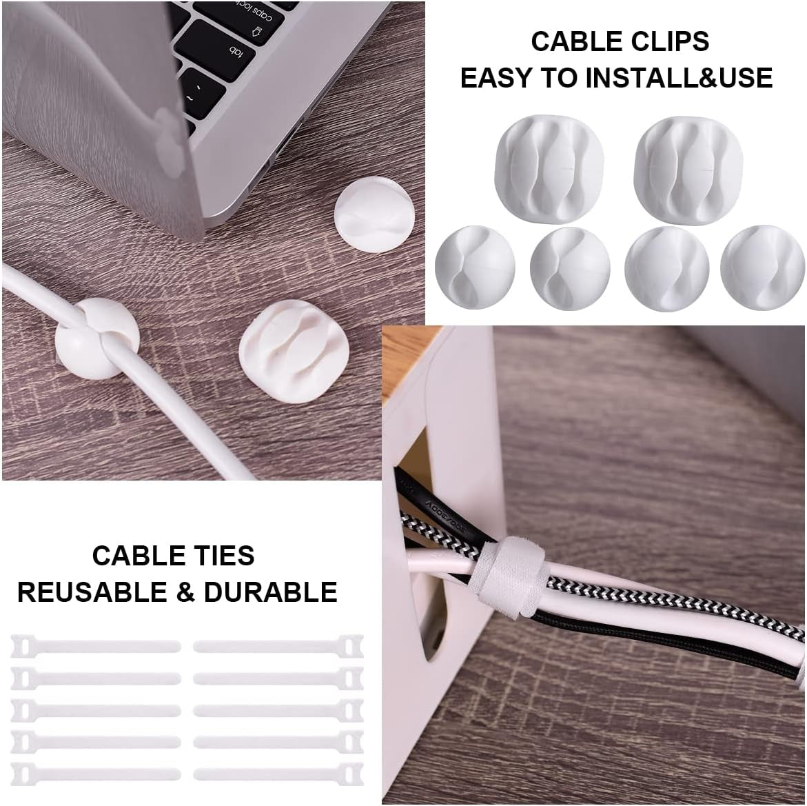 Cable Management Box, 2 Pack Large & Medium Bamboo Style Cable Organizer Box with 17 PCS Cable Management Set, Cord Organizer Box to Hide Surge Protector on Desk or Floor (White)