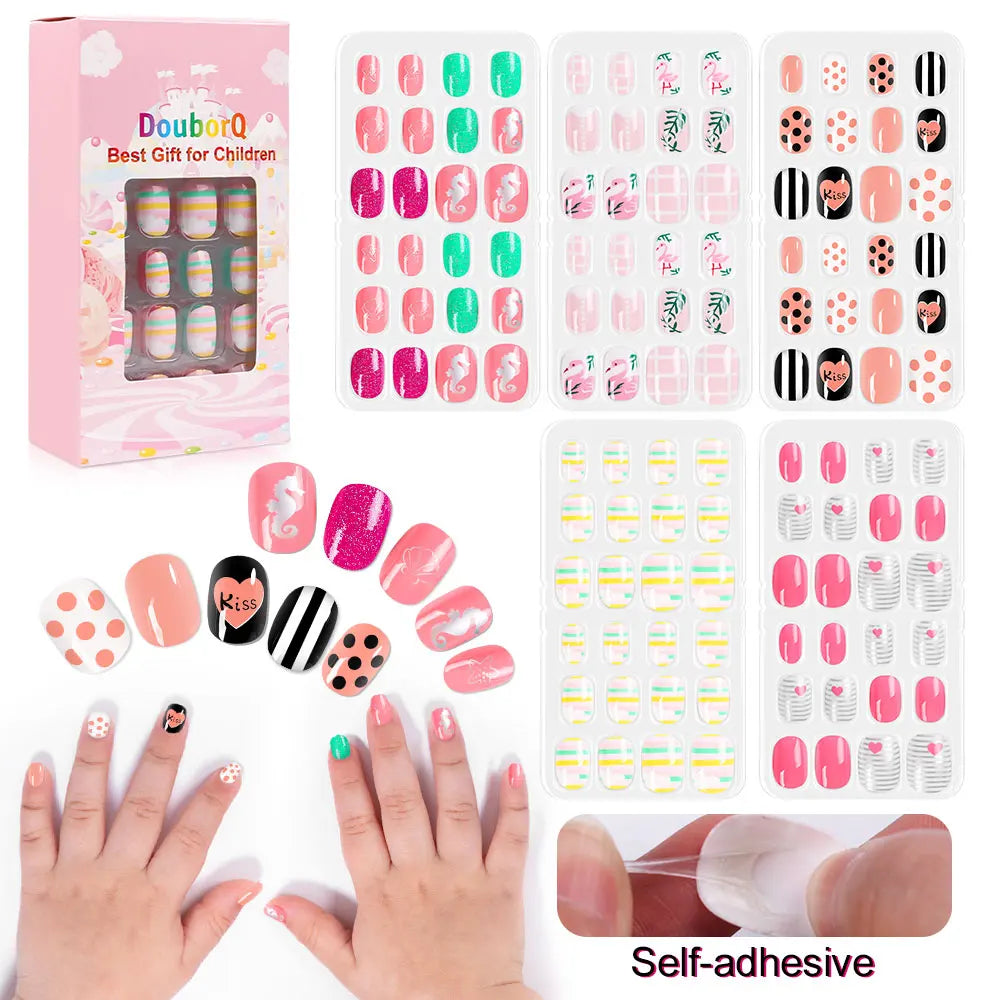 120Pcs Child Nails Kids False Nails Girls Cartoon Press on Fake Nails Colorful Full Cover Nails Cute Short Nail Tips Kits