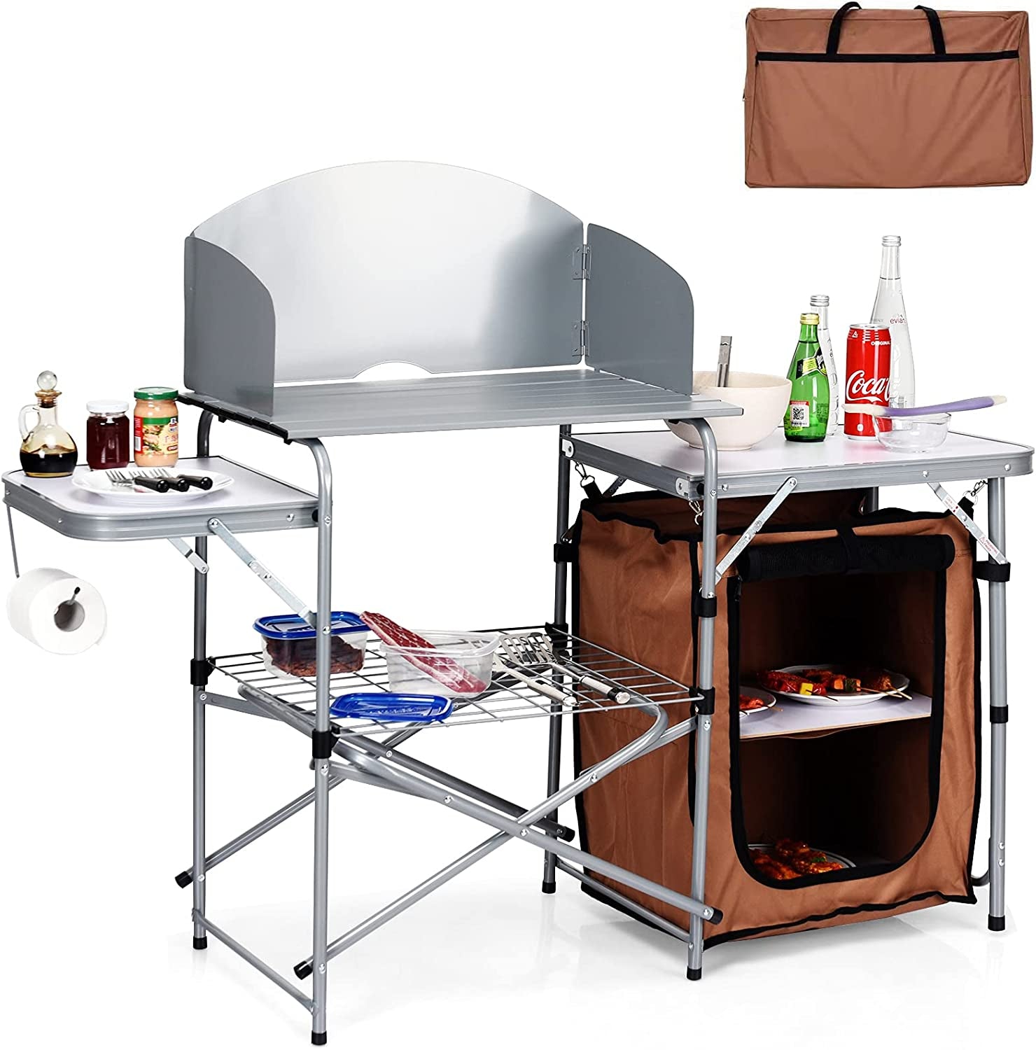 Giantex Folding Grill Table with 26'' Tabletop and Detachable Windscreen, Aluminum Portable Camp Cook Station Carry Bag Quick Set-Up, BBQ Camping Picnic Backyard Outdoor Camping Kitchen Table (Brown)