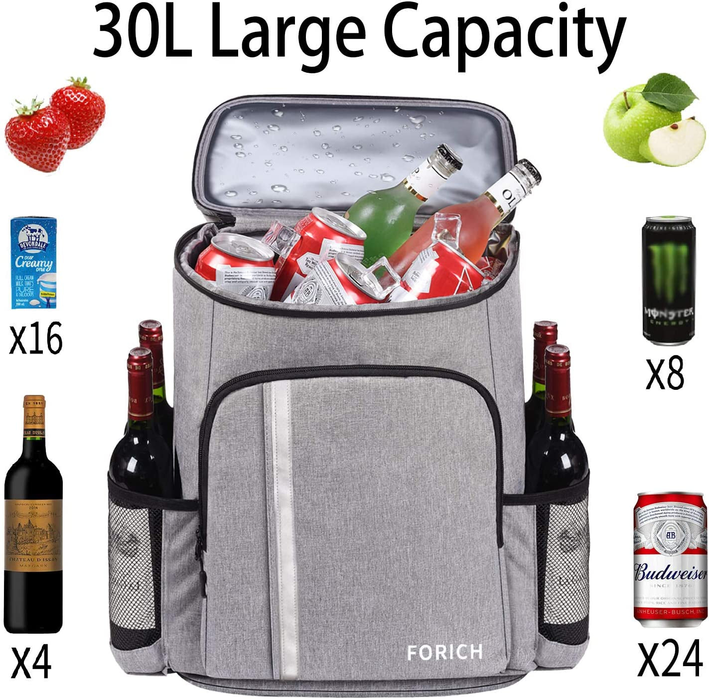 FORICH Backpack Cooler Leakproof Insulated Waterproof Backpack Cooler Bag, Lightweight Soft Beach Cooler Backpack for Men Women to Work Lunch Picnics Camping Hiking, 30 Cans