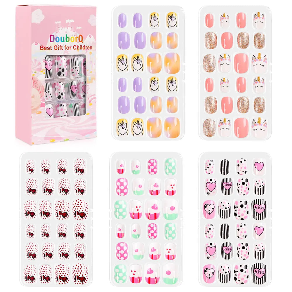 120Pcs Child Nails Kids False Nails Girls Cartoon Press on Fake Nails Colorful Full Cover Nails Cute Short Nail Tips Kits