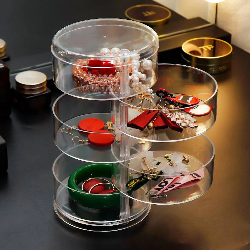 Multi Layer Rotating Transparent round Jewelry Box for Earrings Studs Necklaces Bracelets Rack Display Shelf Jewelry Storage Box