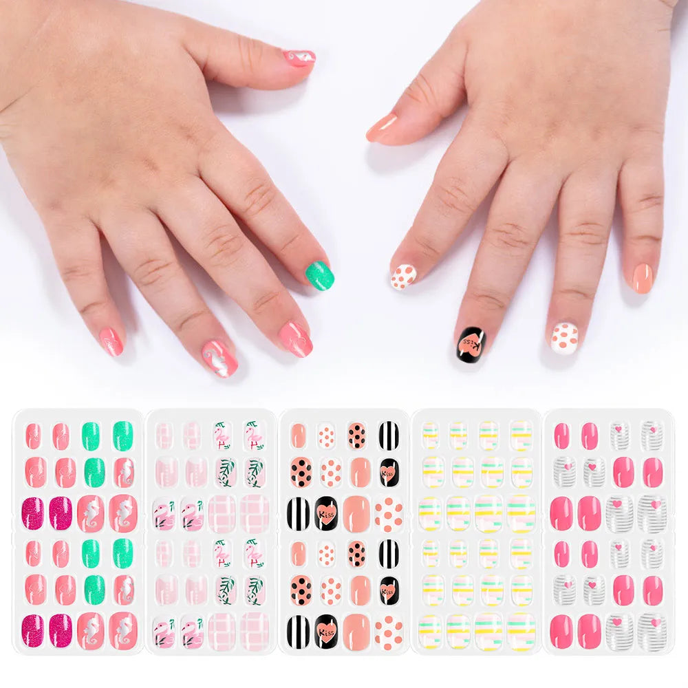 120Pcs Child Nails Kids False Nails Girls Cartoon Press on Fake Nails Colorful Full Cover Nails Cute Short Nail Tips Kits