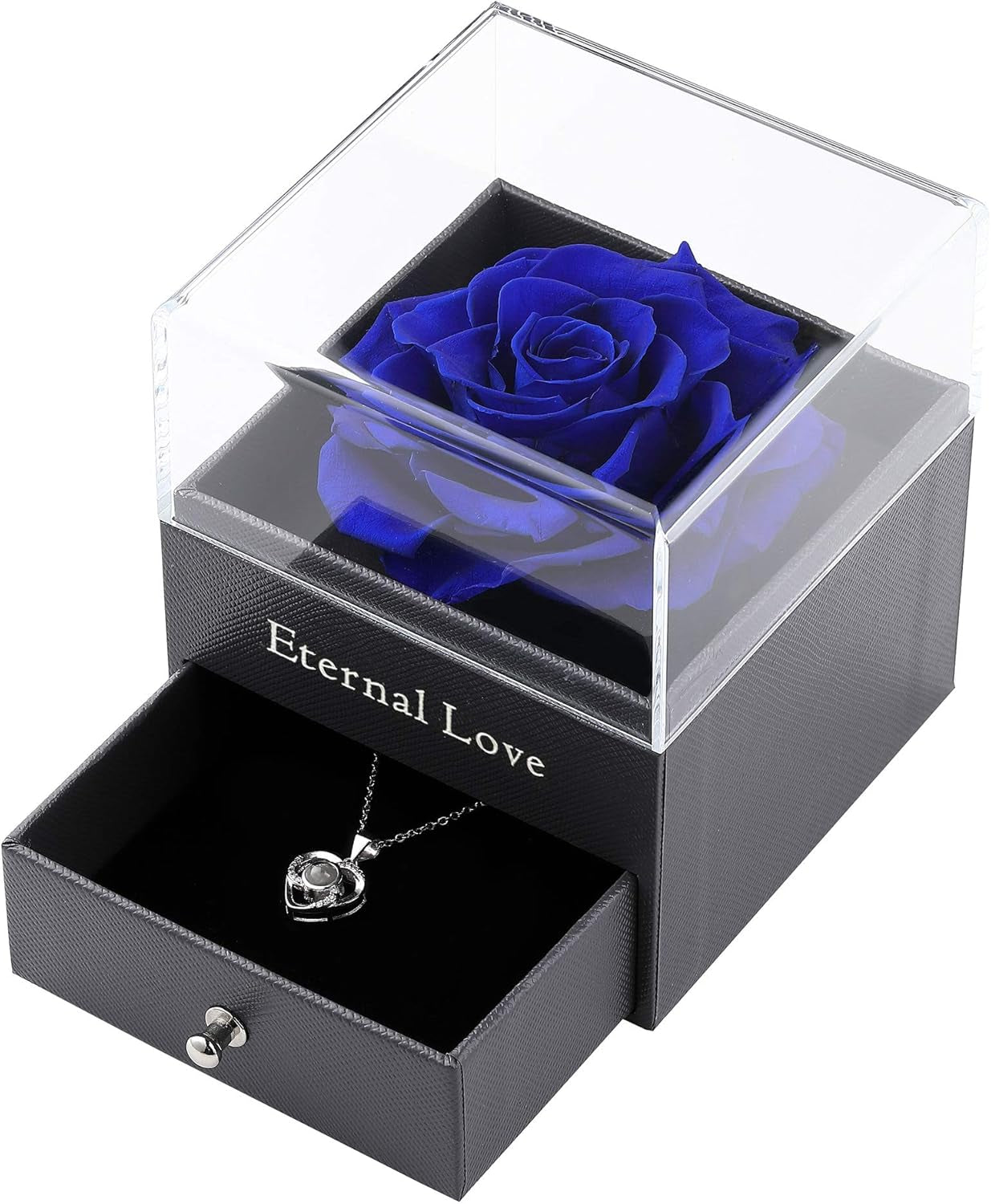 Ocosy Mothers Day Flower Gifts for Her, Preserved Real Flower Rose with Silver-Tone Heart Necklace I Love You in 100 Languages Gift Set, Enchanted Flower Rose Gifts, Blue