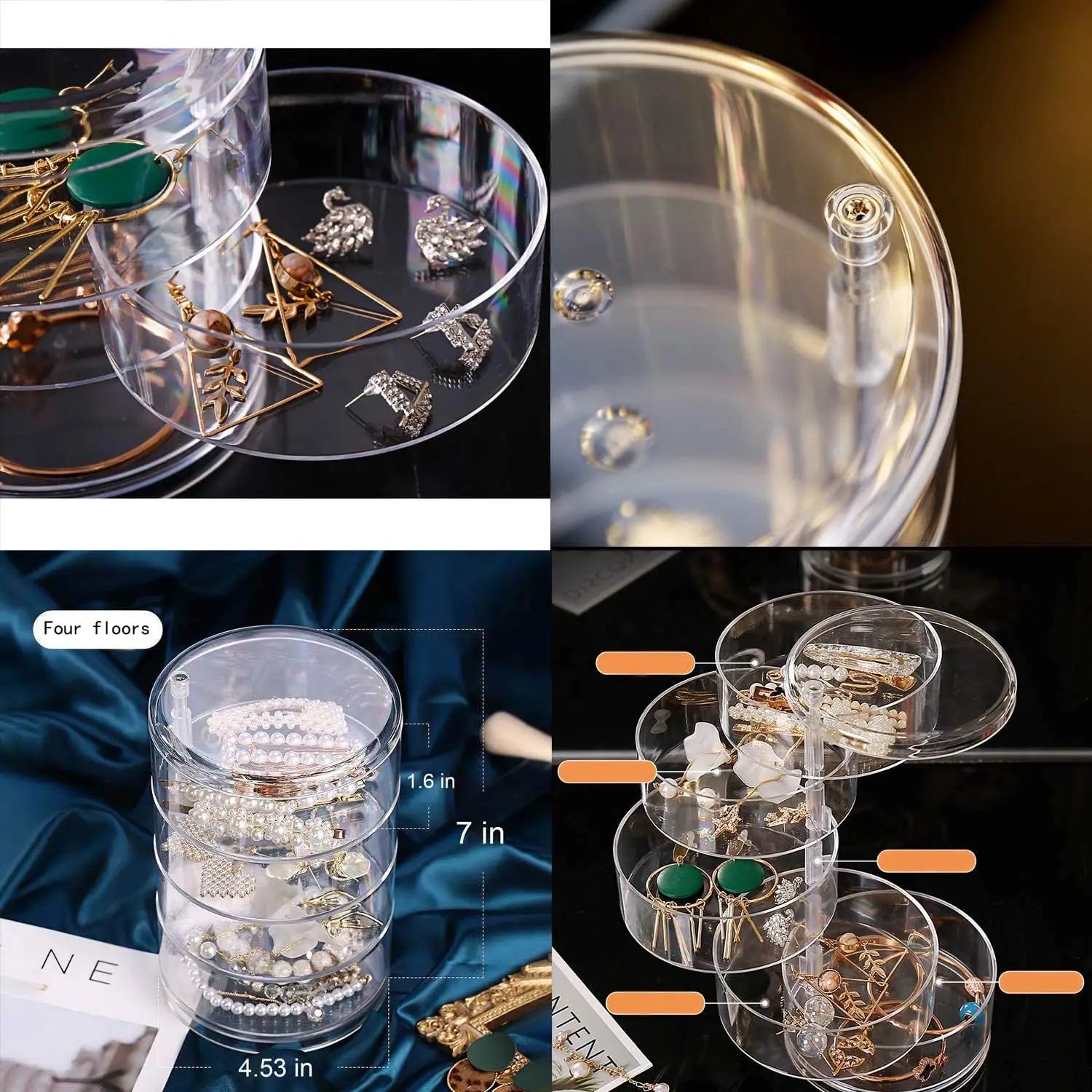 Multi Layer Rotating Transparent round Jewelry Box for Earrings Studs Necklaces Bracelets Rack Display Shelf Jewelry Storage Box