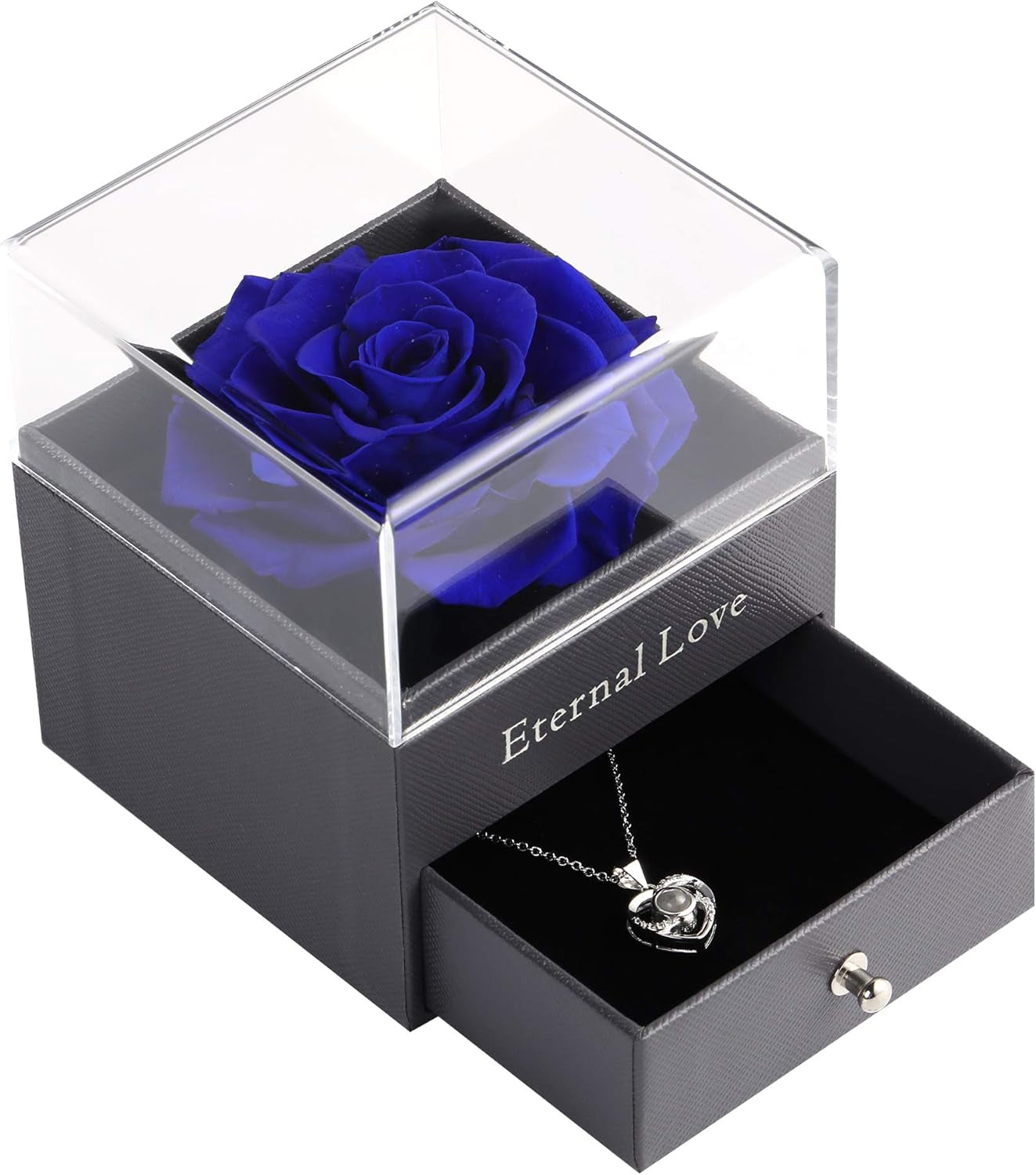 Ocosy Mothers Day Flower Gifts for Her, Preserved Real Flower Rose with Silver-Tone Heart Necklace I Love You in 100 Languages Gift Set, Enchanted Flower Rose Gifts, Blue