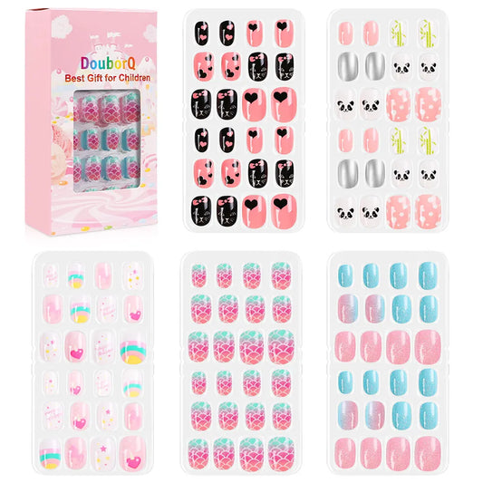 120Pcs Child Nails Kids False Nails Girls Cartoon Press on Fake Nails Colorful Full Cover Nails Cute Short Nail Tips Kits