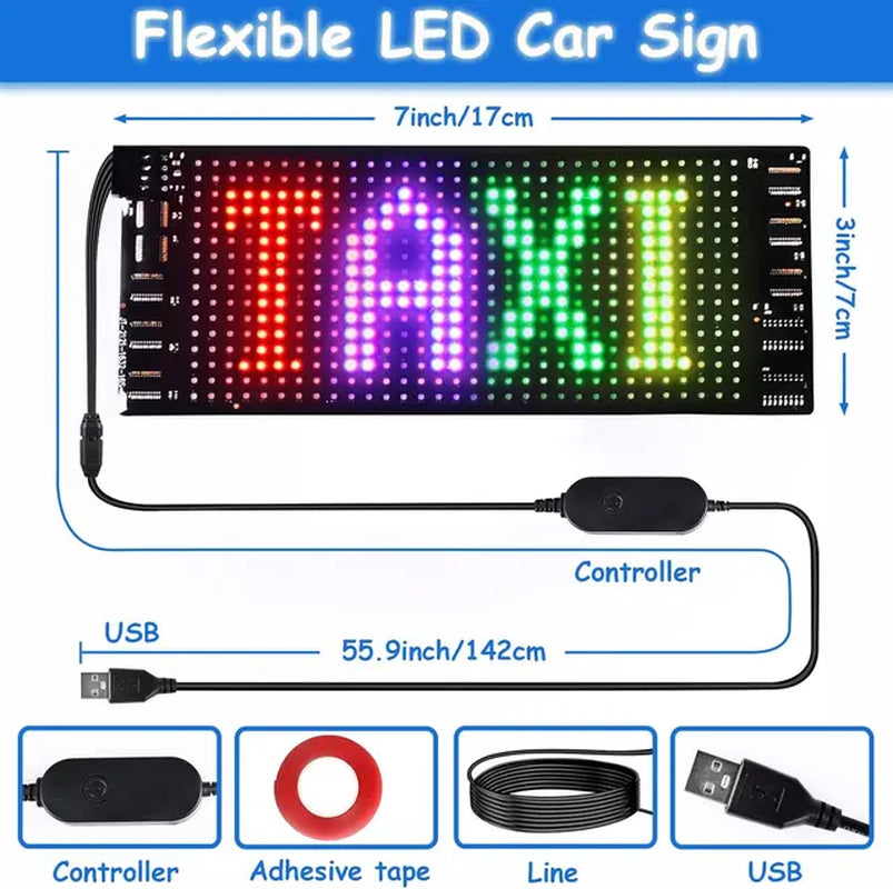 Scrolling Bright LED Sign with USB 5V, Bluetooth APP Control, Programmable Text & Patterns for Car Advertising