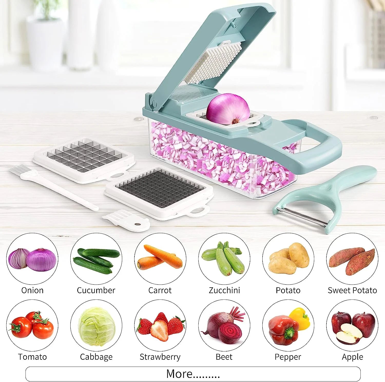 Veggie Chopper with Container, Premium Stainless Steel Vegetable Chopper, 7 Blade Options for Efficient Slicing,