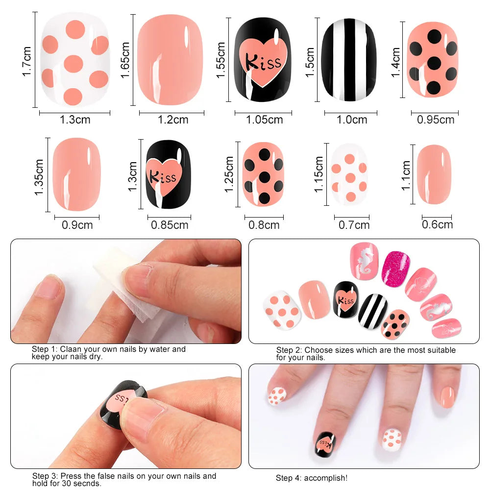 120Pcs Child Nails Kids False Nails Girls Cartoon Press on Fake Nails Colorful Full Cover Nails Cute Short Nail Tips Kits