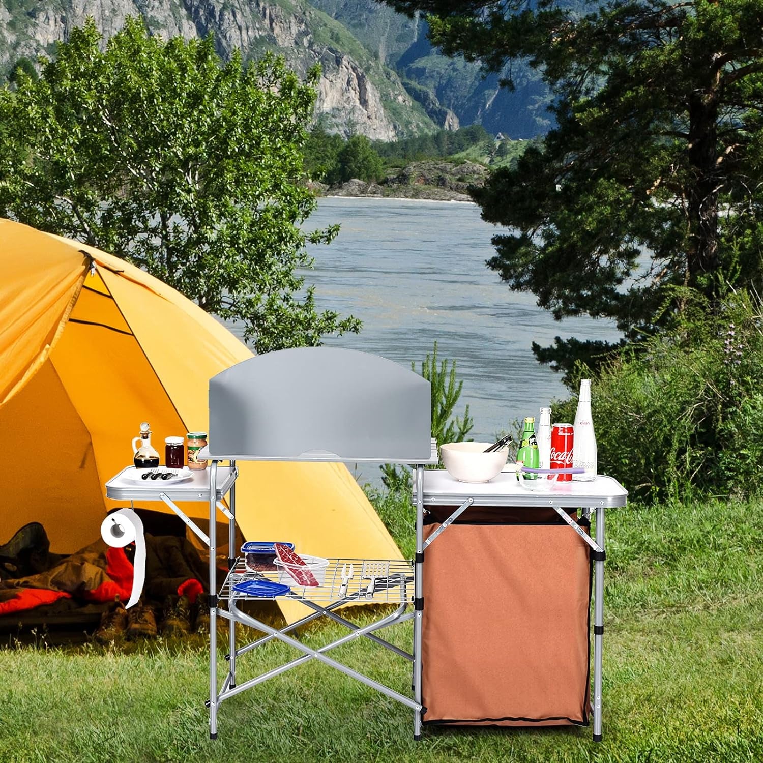 Giantex Folding Grill Table with 26'' Tabletop and Detachable Windscreen, Aluminum Portable Camp Cook Station Carry Bag Quick Set-Up, BBQ Camping Picnic Backyard Outdoor Camping Kitchen Table (Brown)