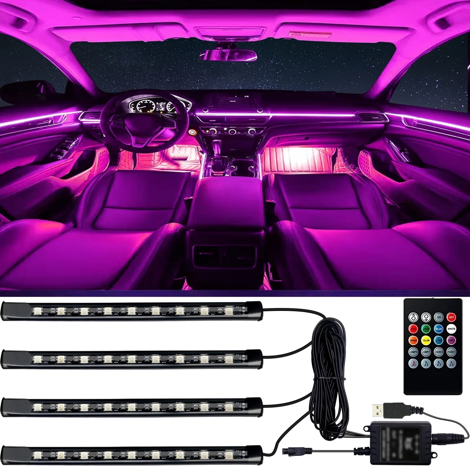 Interior Car Lights - 4 Pcs 36 LED Strip Light with Remote, Music Sync RGB Lighting with Car Charger 12V 2A (RGB)