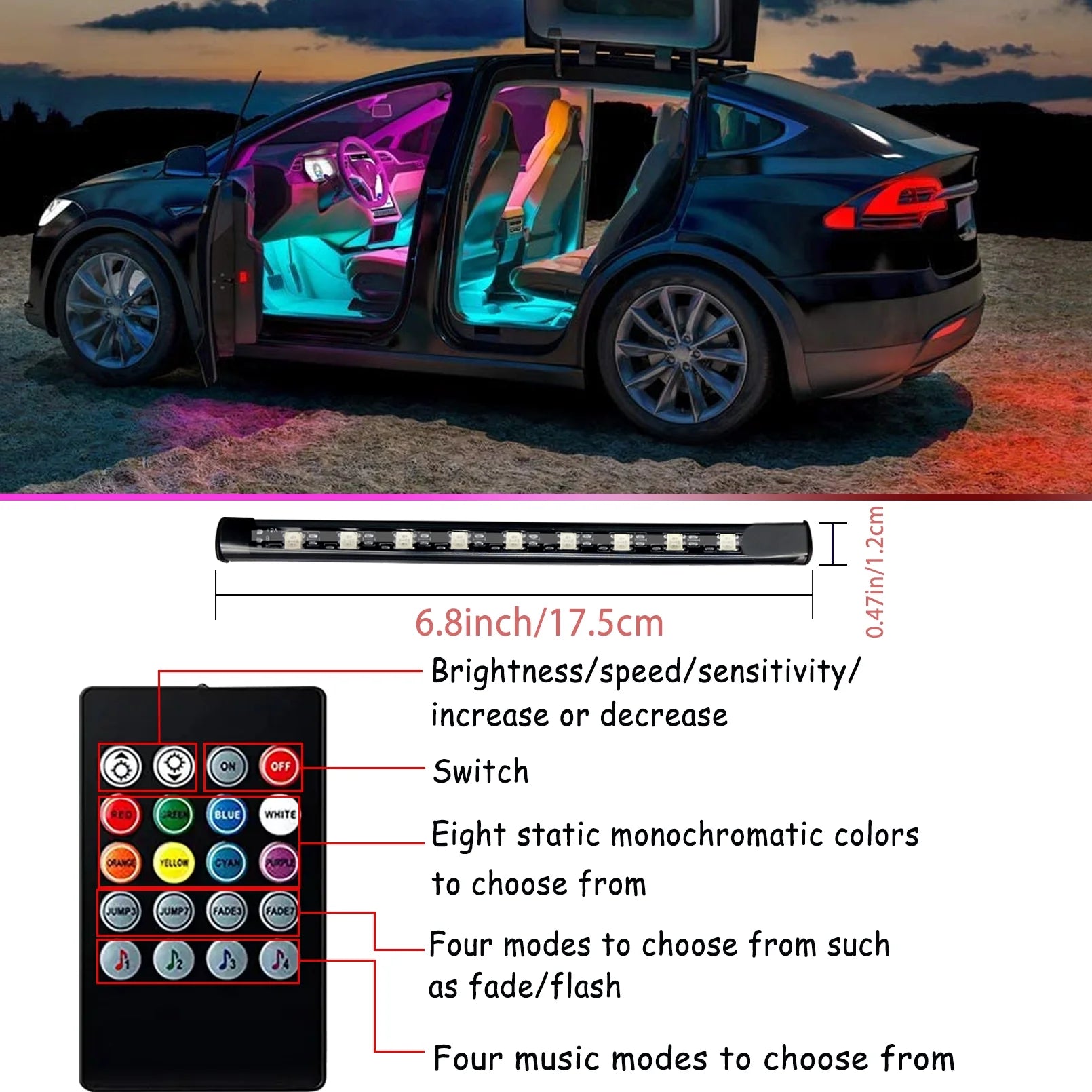 Interior Car Lights - 4 Pcs 36 LED Strip Light with Remote, Music Sync RGB Lighting with Car Charger 12V 2A (RGB)