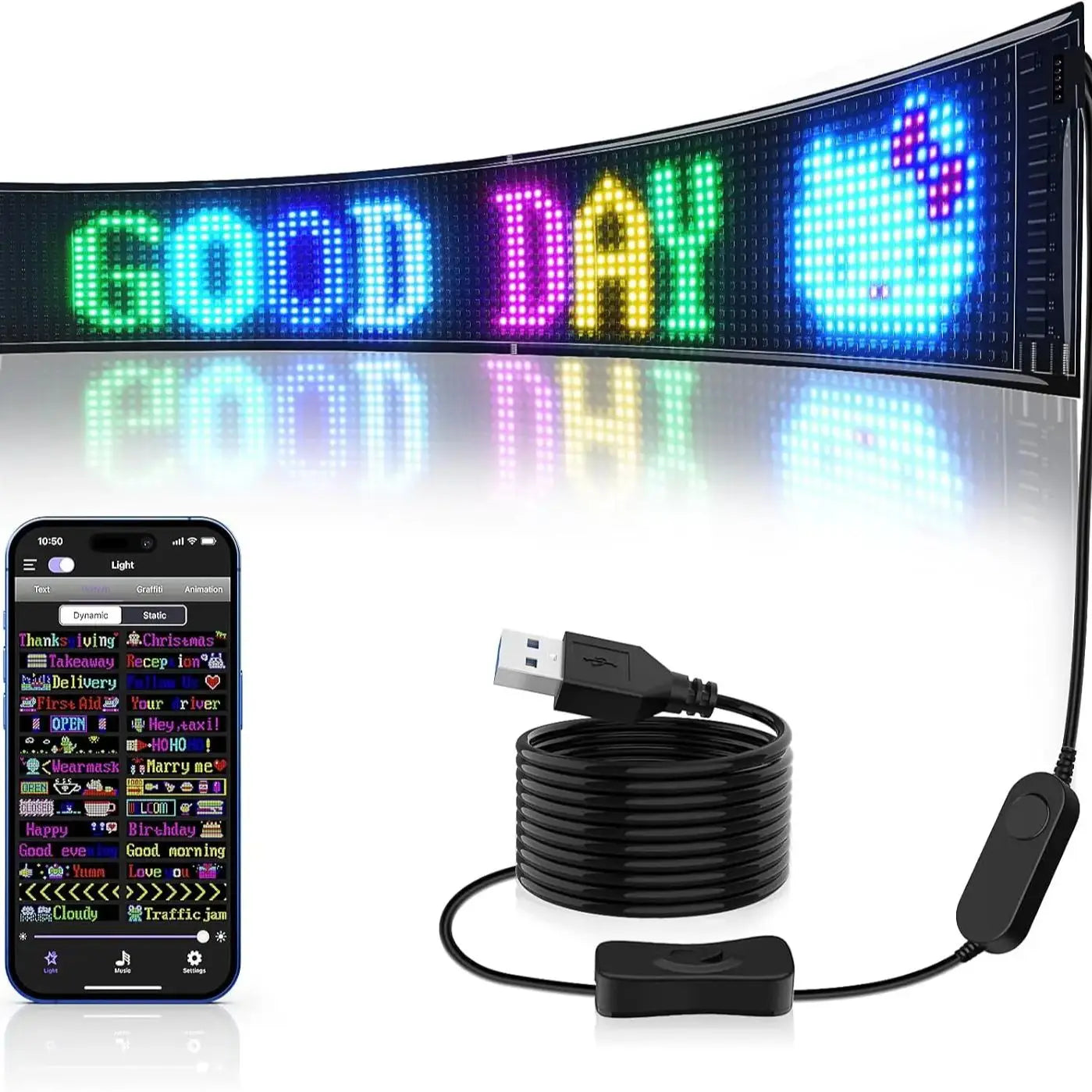 Scrolling Bright LED Sign with USB 5V, Bluetooth APP Control, Programmable Text & Patterns for Car Advertising