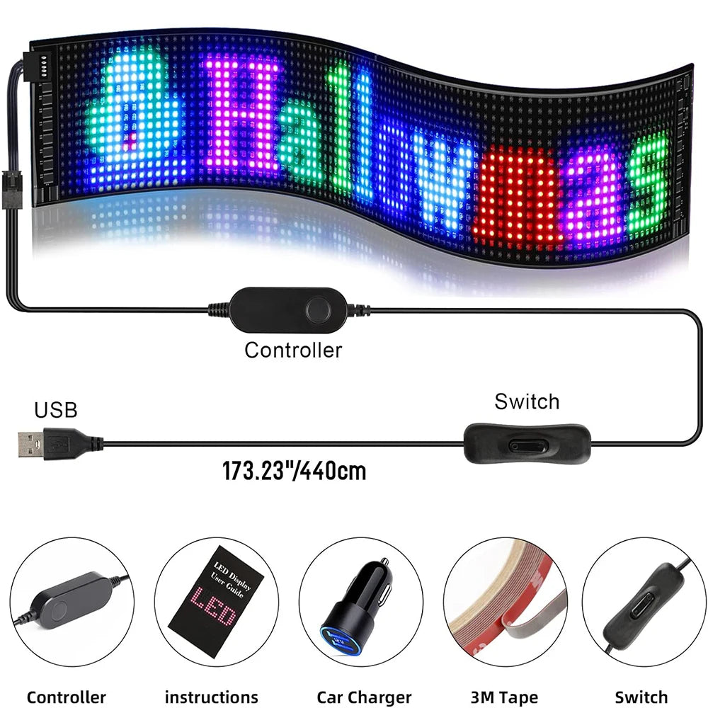 Scrolling Bright LED Sign with USB 5V, Bluetooth APP Control, Programmable Text & Patterns for Car Advertising