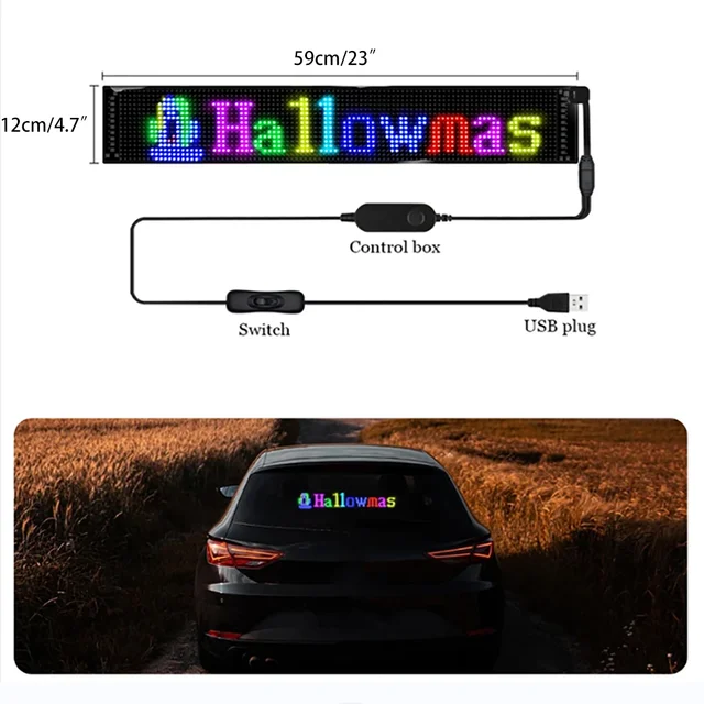 Scrolling Bright LED Sign with USB 5V, Bluetooth APP Control, Programmable Text & Patterns for Car Advertising