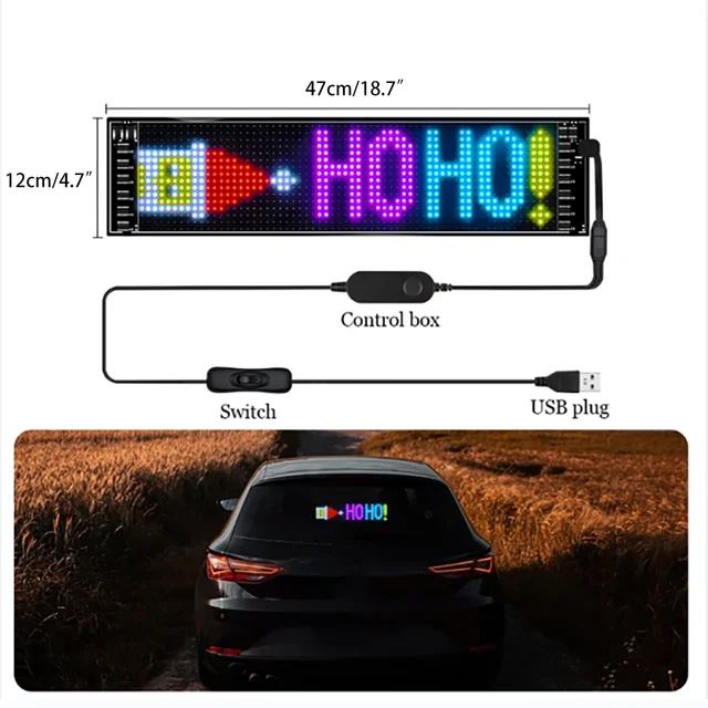 Scrolling Bright LED Sign with USB 5V, Bluetooth APP Control, Programmable Text & Patterns for Car Advertising