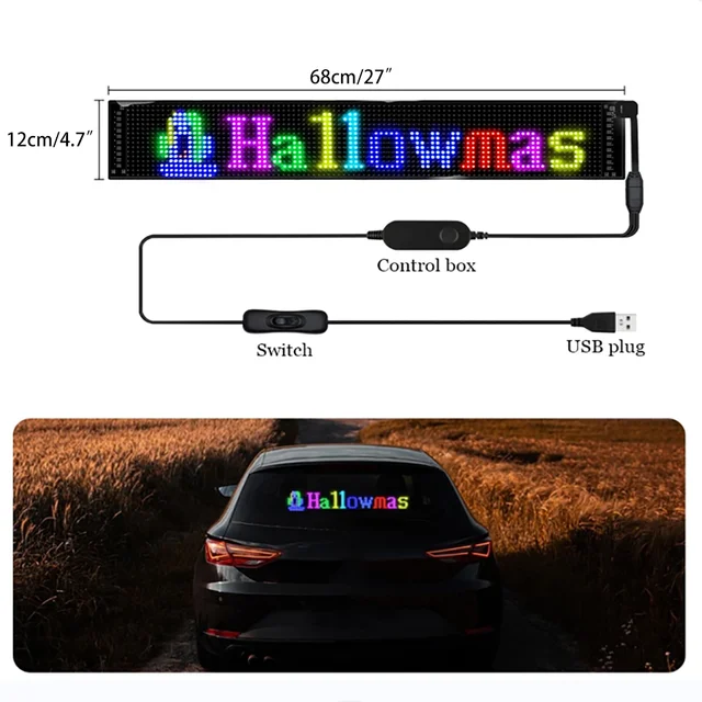 Scrolling Bright LED Sign with USB 5V, Bluetooth APP Control, Programmable Text & Patterns for Car Advertising