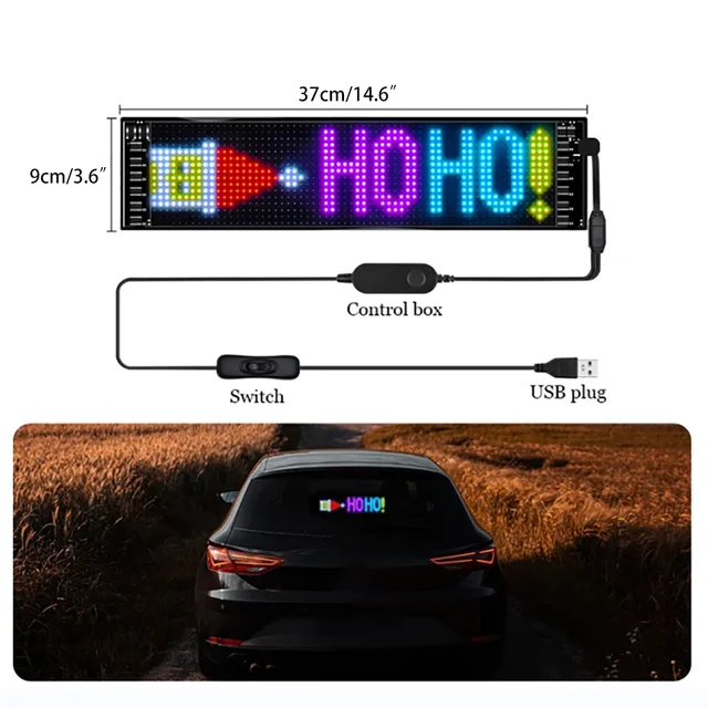 Scrolling Bright LED Sign with USB 5V, Bluetooth APP Control, Programmable Text & Patterns for Car Advertising