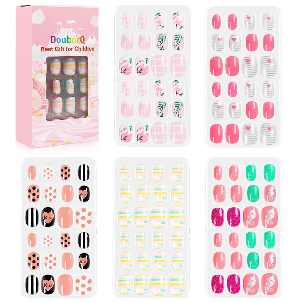 120Pcs Child Nails Kids False Nails Girls Cartoon Press on Fake Nails Colorful Full Cover Nails Cute Short Nail Tips Kits