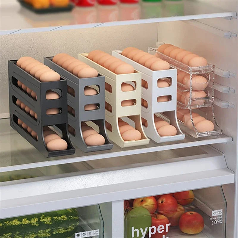 4 Layers Automatic Rolling Egg Holder Rack, Fridge Organizer