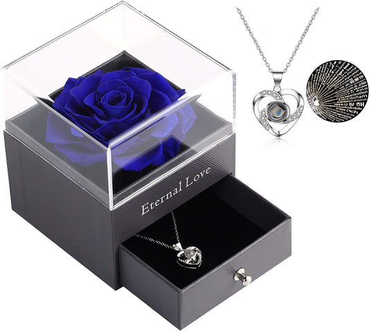 Ocosy Mothers Day Flower Gifts for Her, Preserved Real Flower Rose with Silver-Tone Heart Necklace I Love You in 100 Languages Gift Set, Enchanted Flower Rose Gifts, Blue