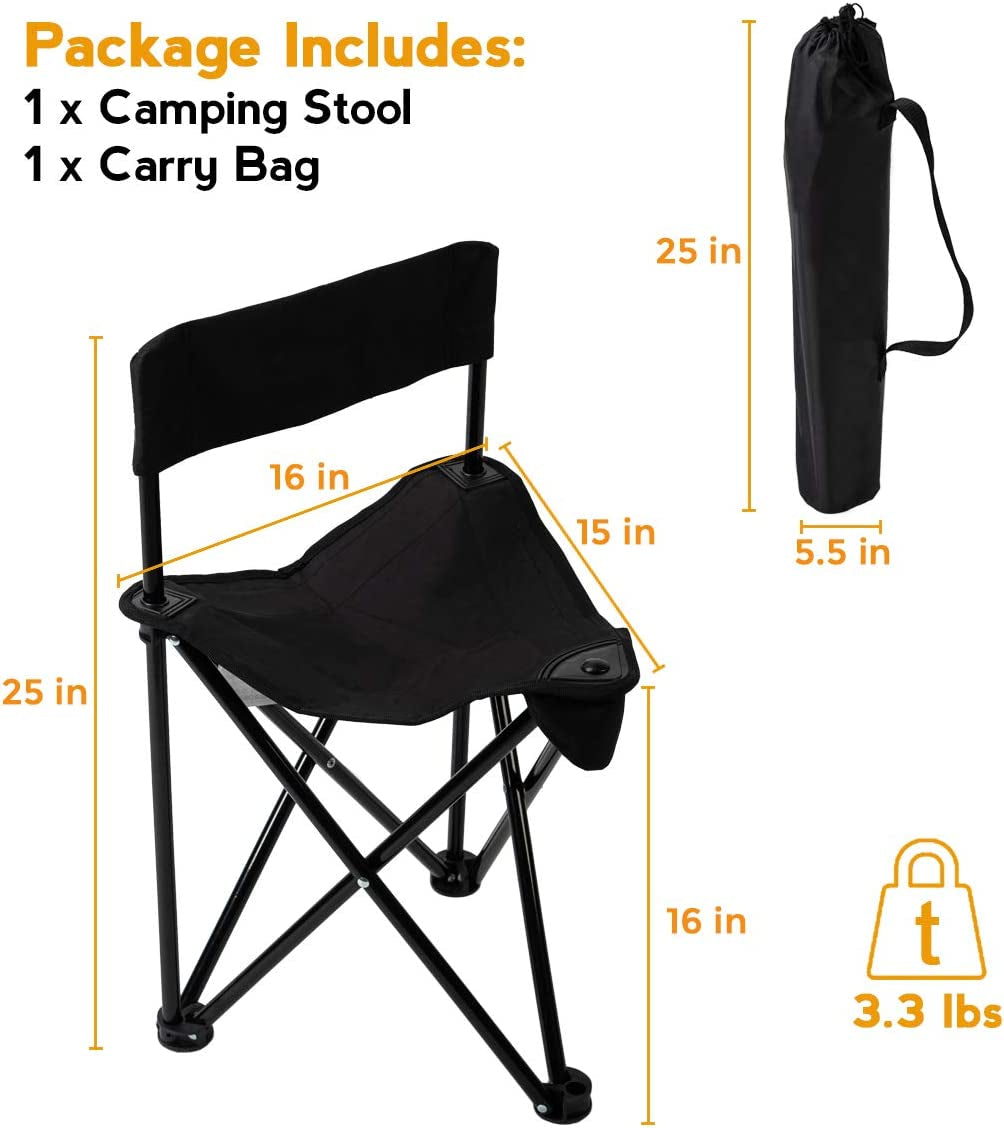 Travel Chair Ultimate Slacker 2.0 - Small Folding Tripod Chair with Backrest for Outdoor Adventures