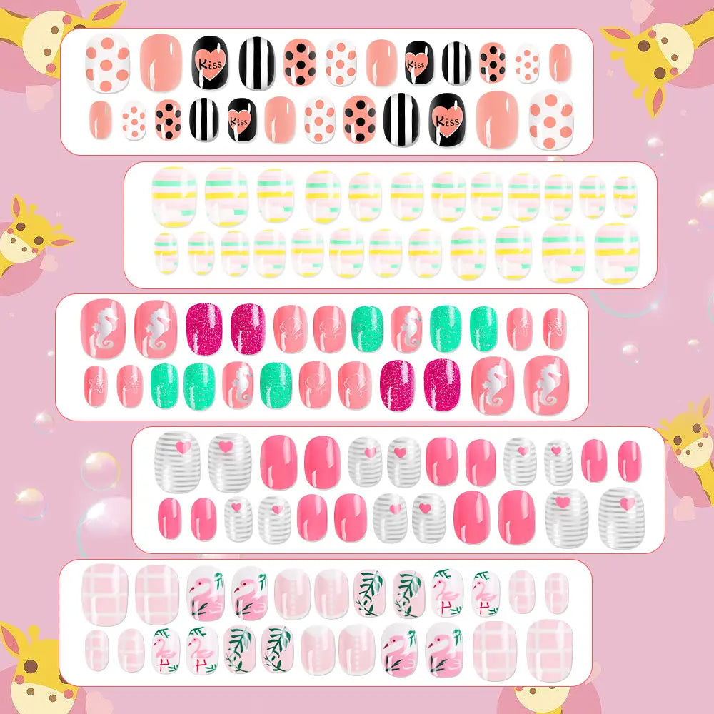 120Pcs Child Nails Kids False Nails Girls Cartoon Press on Fake Nails Colorful Full Cover Nails Cute Short Nail Tips Kits