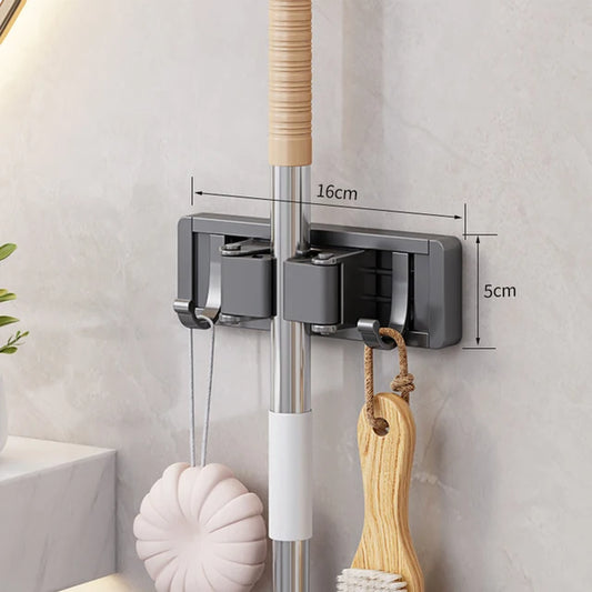 Mop and Broom Organizer | Wall-Mounted Holder with 5 Hooks | Space Aluminum Mop Holder Rack