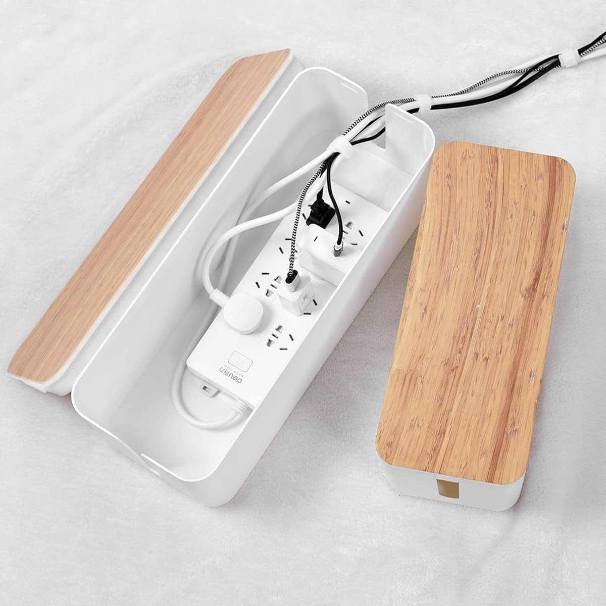 Cable Management Box, 2 Pack Large & Medium Bamboo Style Cable Organizer Box with 17 PCS Cable Management Set, Cord Organizer Box to Hide Surge Protector on Desk or Floor (White)