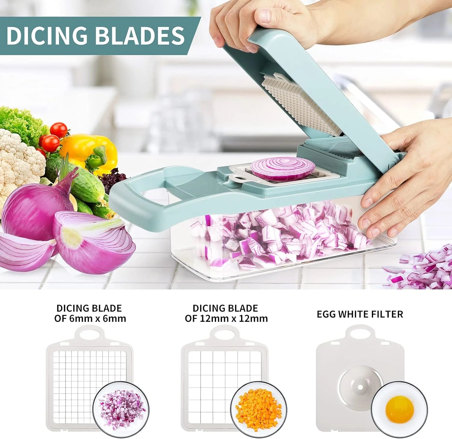 Veggie Chopper with Container, Premium Stainless Steel Vegetable Chopper, 7 Blade Options for Efficient Slicing,