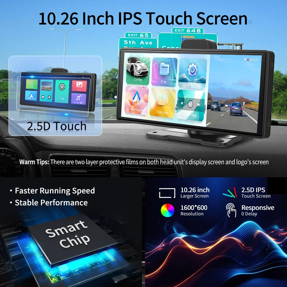 10.26" 2K ADAS Rear View Mirror Camera with Wireless CarPlay & Android Auto