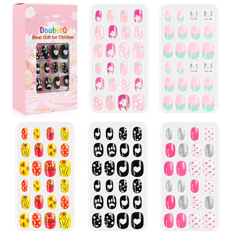 120Pcs Child Nails Kids False Nails Girls Cartoon Press on Fake Nails Colorful Full Cover Nails Cute Short Nail Tips Kits